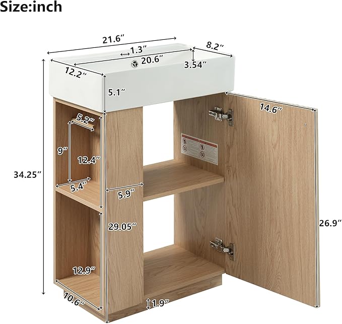 21.6" Small Fluted Bathroom Vanity with Sink,Soft Closing Doors and Storage Shelves,Natural Wood Single Bathroom Sink Cabinet Combo Freestanding, Natural Wood