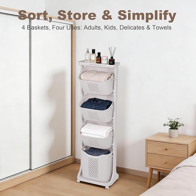 4-Tier Laundry Sorter Cart with Wheels, Large 95L Capacity Hamper Organizer, Rolling Storage with Removable Mesh Bins for Heavy Duty Use in Home, Dorm, Apartment (17.32"x13.1"x54.72")