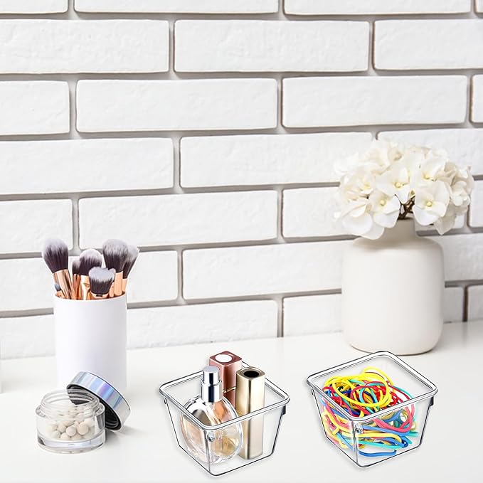 16 PCS Stackable Clear Drawer Organizers 3" x 3" x 2" Square Trays Small Makeup Vanity Storage Bins Clear Desk Drawer Organization Container Dividers for Office Bathroom Kitchen Utensil