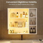 Hasuit Lighted Medicine Cabinet with Mirror and Shelves, Modern Bathroom Medicine Cabinet with Open Storage, Aluminum Channel LED Lights, 31.5'' x 30.7'', White