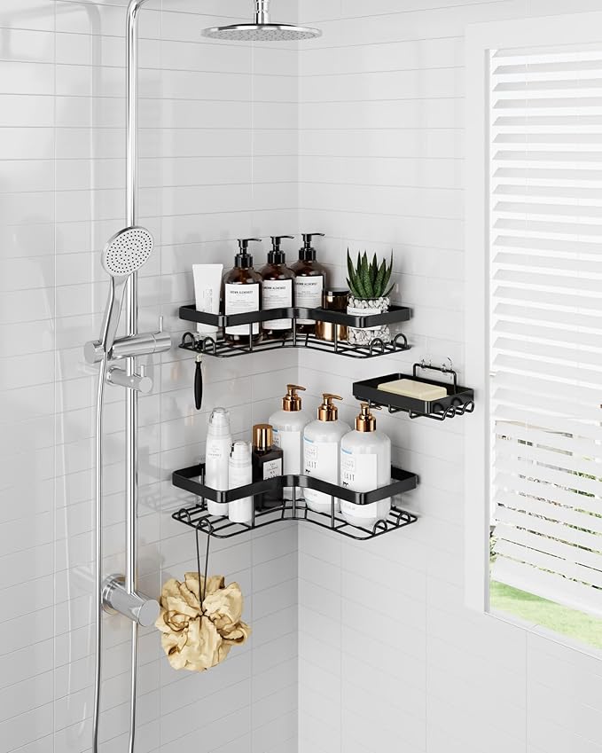 Corner Shower Caddy - 3-Pack Shower Organizer with Soap Holder & Built-In Hooks, Rustproof Metal Shower Shelves, Laundry, Kitchen, Bathroom Organizers and Storage Solution, Large, Black