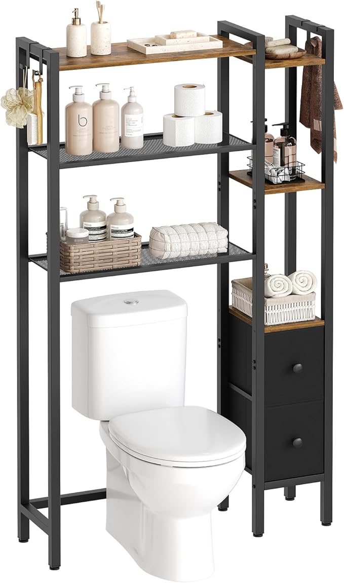 Over The Toilet Storage, 3-Tier Bathroom Organizer Shelves with 2 Fabric Drawers, Multifunctional Vertical The Toilet Shelf Storage Rack for Bathroom, Laundry, Rustic Brown and Black TR03BR