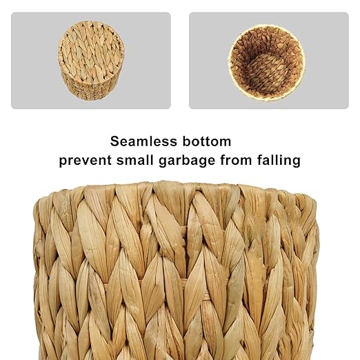 Small Wicker Trash Can, Small Bathroom Trash Can, Boho Waste Basket for Bedroom, Home, Office, Water Hyacinth Wicker Waste Basket for Bathroom, Compact Spaces (Round, 2 Gallon)
