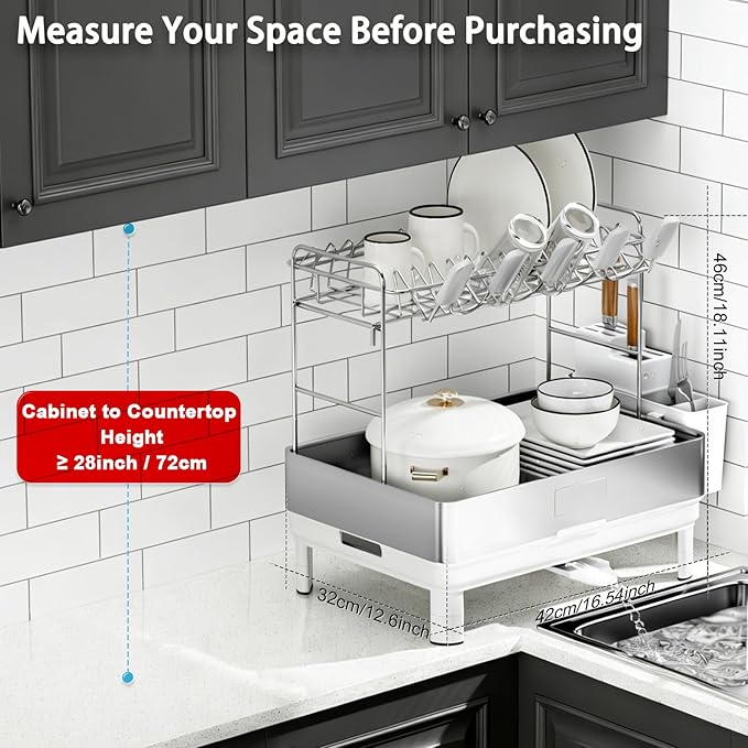 Ewaiira Dish Drying Rack, 304 Stainless Steel Dish Racks for Kitchen Counter, Dish Drainers with Automatic Drainage, Utensil Holder & Cups Holder, Space Saving Kitchen Organizer (2-Tier White)