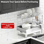 Ewaiira Dish Drying Rack, 304 Stainless Steel Dish Racks for Kitchen Counter, Dish Drainers with Automatic Drainage, Utensil Holder & Cups Holder, Space Saving Kitchen Organizer (2-Tier White)