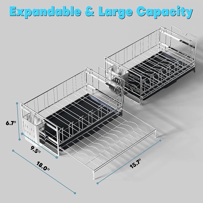 Large Dish Drying Rack, Expandable Dish Rack, 304 Stainless Steel Dish Racks for Kitchen Counter, Multifunctional Dish Drainers with Utensil Holder & Cutting Board Holder