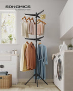 SONGMICS 2-Tier Clothes Drying Rack, 75.2-Inch Folding Laundry Drying Rack with 6 Rotatable Arms for Hangers, Stainless Steel, for 54 Pieces of Clothes, Black ULLR514B01
