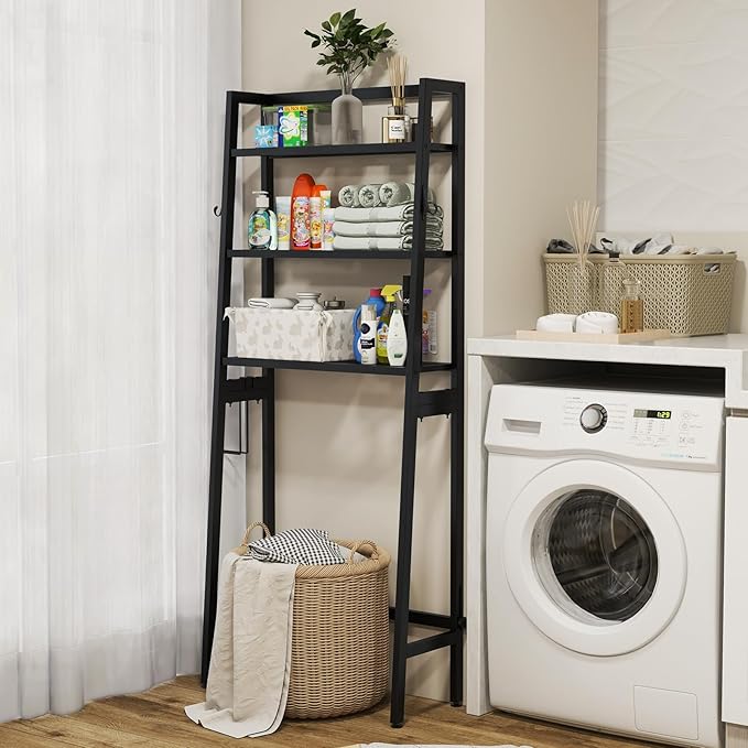 Nightcore Over-The-Toilet Storage, 3-Tier Freestanding Bathroom Organizer Shelf w/ 2 Hanging Hooks & Toilet Paper Holder, Multifunctional Metal Toilet Storage Rack for Bathroom Laundry (Black)