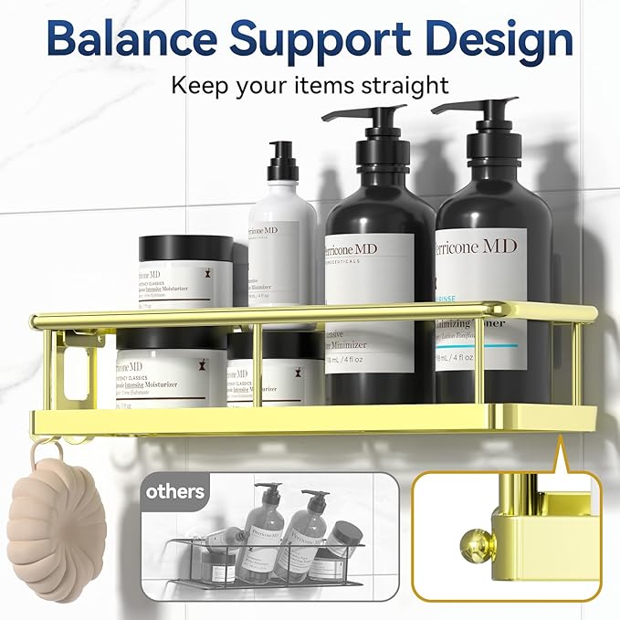 YASONIC Shower Caddy Adhesive, No Drill Bathroom Shower Organizers, with Removable Hooks and Soap Holder, Rust Proof Shower Shelves, Wall-Mounted Shower Holder, 3 Pack, Gold
