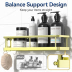 YASONIC Shower Caddy Adhesive, No Drill Bathroom Shower Organizers, with Removable Hooks and Soap Holder, Rust Proof Shower Shelves, Wall-Mounted Shower Holder, 3 Pack, Gold