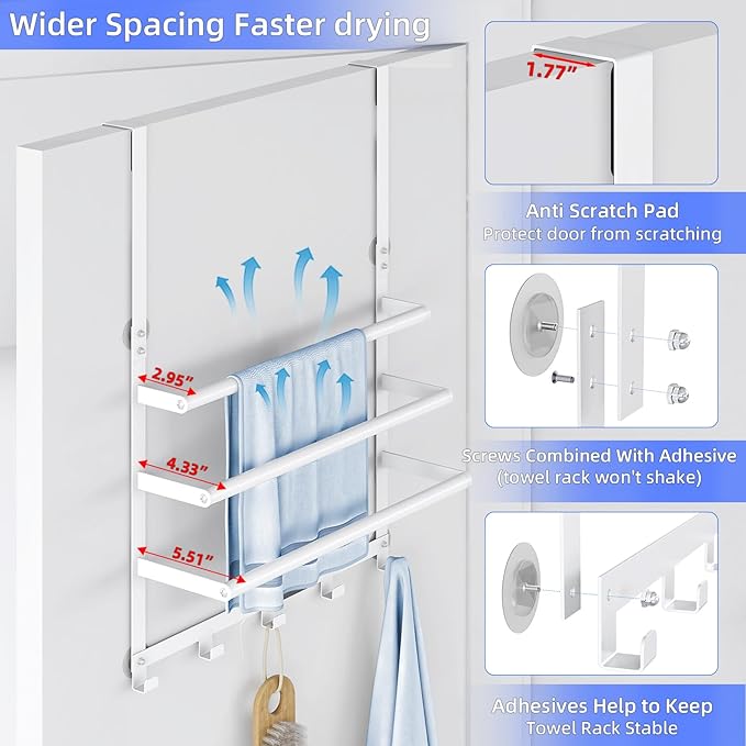 Over The Door Towel Rack, Over Door Towel Racks for Bathroom Door with 5 Hooks, 3 Tier Towel Storage Hanger Holder for Bathroom Accessories, 16 Inch Towel Bar for Hanging Towels, White