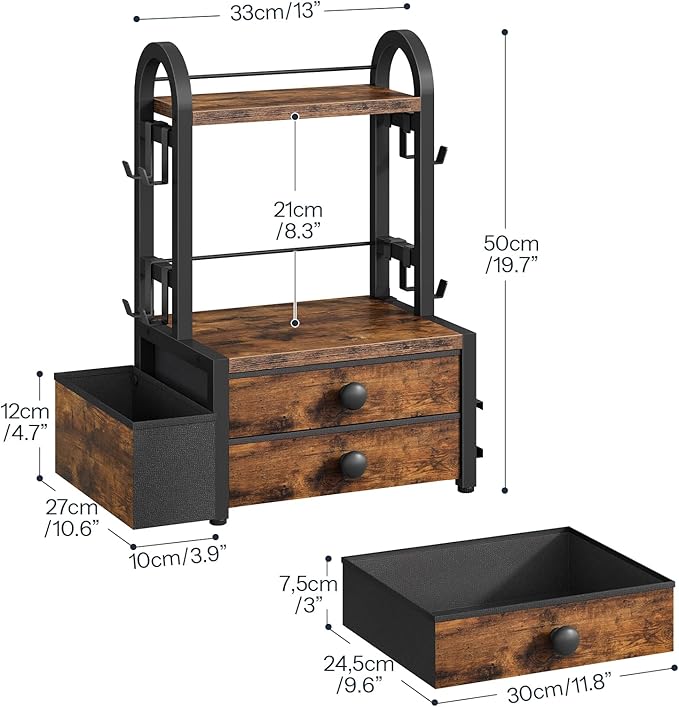 HOOBRO Coffee Mug Tree, 2 Tier Mug Organizer, Coffee Mug Cup Holder with Drawer for 40K-Cup Pods, Mug Display Stand with 8 Hooks, Countertop Holder Rack for Kitchens, Black and Rustic Brown BF04CR01