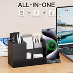 Pen Organizer with Phone Stand,Black Vegan Leather Desk Organizers with Remote Control Holder,Pencil Holder for Desk,Desk Organizer with Phone Charger for Office/Nightstand/Endtable
