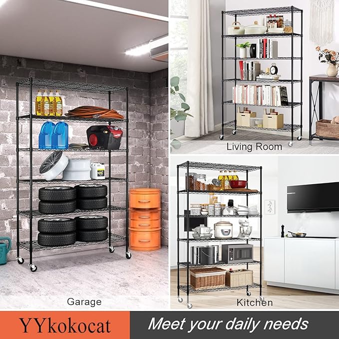 6-Tier Storage Shelves 45" x 18" x 82" Heavy Duty Metal Shelving Unit 2100Lb Capacity Adjustable Storage Racks with Wheels NSF Garage Wire Shelf for Basement Commercial, Black