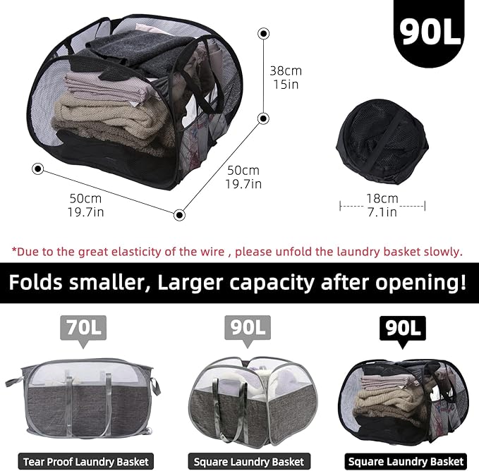 Collapsible Laundry Basket, 90L Foldable Pop-up Laundry Hamper with Handles, Mesh Dirty Clothes Hamper for Laundry, Bathroom, Kids Room, Dorm,Travel or Camping (Black, 2PCS)