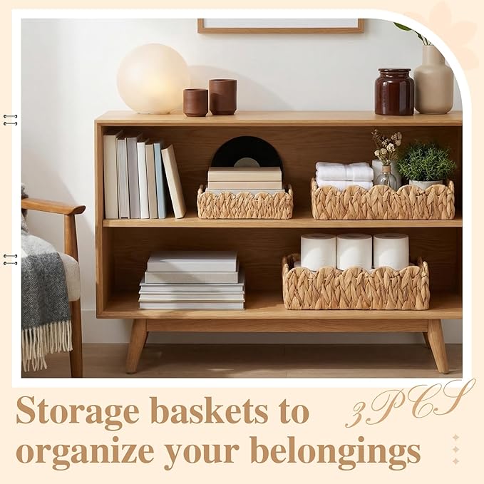 3Pack Toilet Paper Basket for Organizing Scalloped Edge Wicker Basket with Handles Toilet Tank Paper Holder Storage for Bathroom Bedroom Countertop Shelf Decor(Natural Color,Water Hyacinth)