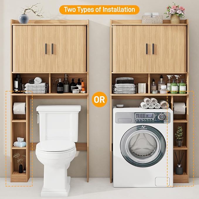 Over The Toilet Storage Cabinet,Farmhouse Toilet Cabinet Rack with 2 Tambour Sliding Doors and Toilet Paper Holder Stand，Toilet Shelf Space Saver with Towel Rack for Bathroom, Restroom, Laundry