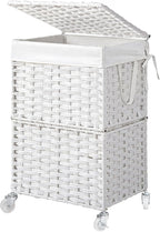Chrislley 90L Slim Laundry Hamper with Wheels, Rolling Laundry Basket with Lid and Renovable Liner Bag, Handwoven Rattan Organizer for bedroom, bathroom, laundry room (White)