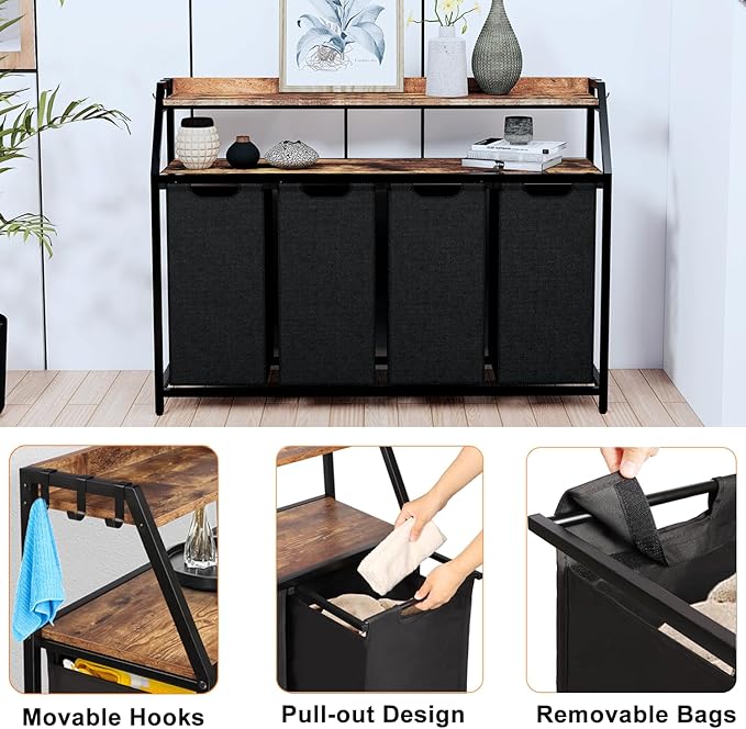 Laundry Hamper, Laundry Sorter with 4 Section, Rolling Basket with Wheels, 2 Shelves, 4 14.5 Gal, Pull-Out and Removable Oxford Fabric Bags for Laundry Room, Black and Rustic Brown