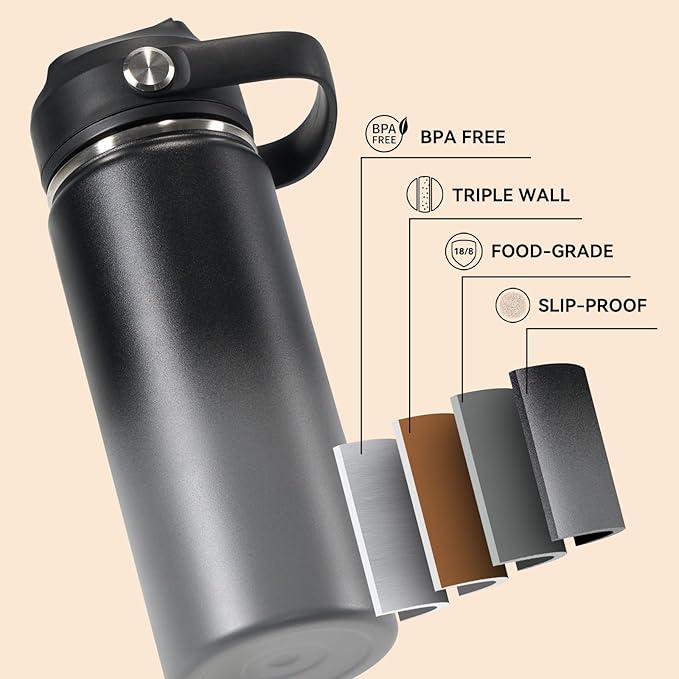 18oz Insulated Stainless Steel Water Bottle, Wide Mouth Double Wall Vacuum, Silicone Straw, Sweat & Leak Proof, BPA Free Insulated Water Flask for Travel, Keep Cold 24h Hot 12h, Grey