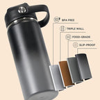 24oz Insulated Stainless Steel Water Bottle, Wide Mouth Double Wall Vacuum, Silicone Straw, Sweat & Leak Proof, BPA Free Insulated Water Flask for Travel, Keep Cold 24h Hot 12h, Grey