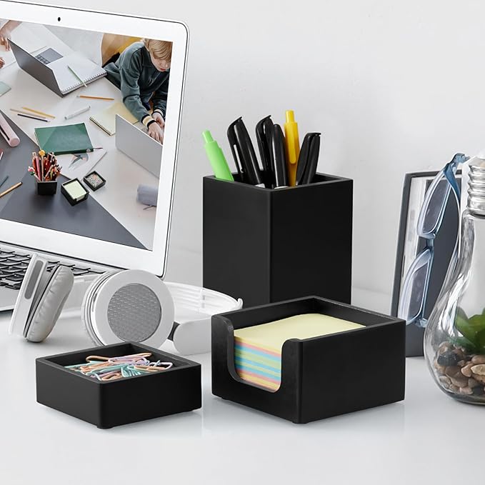 Black Desk Organizer Set of 3 - Wood Office Desk Accessories - Desk Organizers and Accessories for Women Men - Set incl. Pencil Pen Holder, Paperclip Storage and Sticky Note Holder