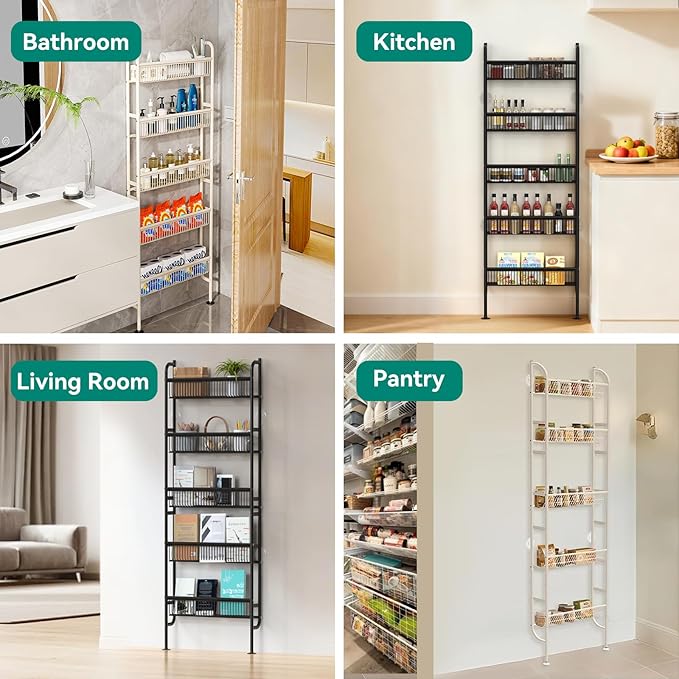 NECHEGE Slim Shelf Behind Door Storage Rack, 5-Tier Multi-Purpose Space-Saving Organizer for Bathroom, Kitchen, Living Room-Sturdy Metal Bookshelf for Narrow Spaces