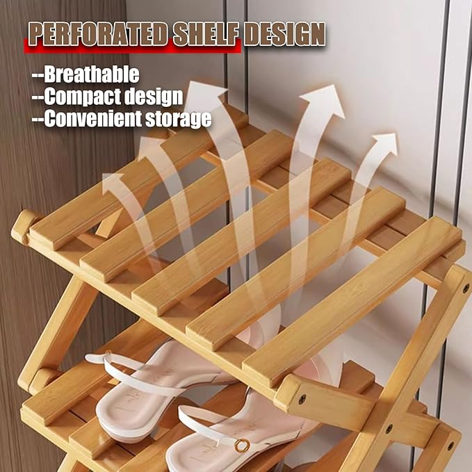 The 9-Tier No-Assembly Bamboo Rack, Foldable Space-Saving Organizer for Shoes, No Assembly Narrow Shoe Shelf for Entryway Closet Dorm (Brown, 9)