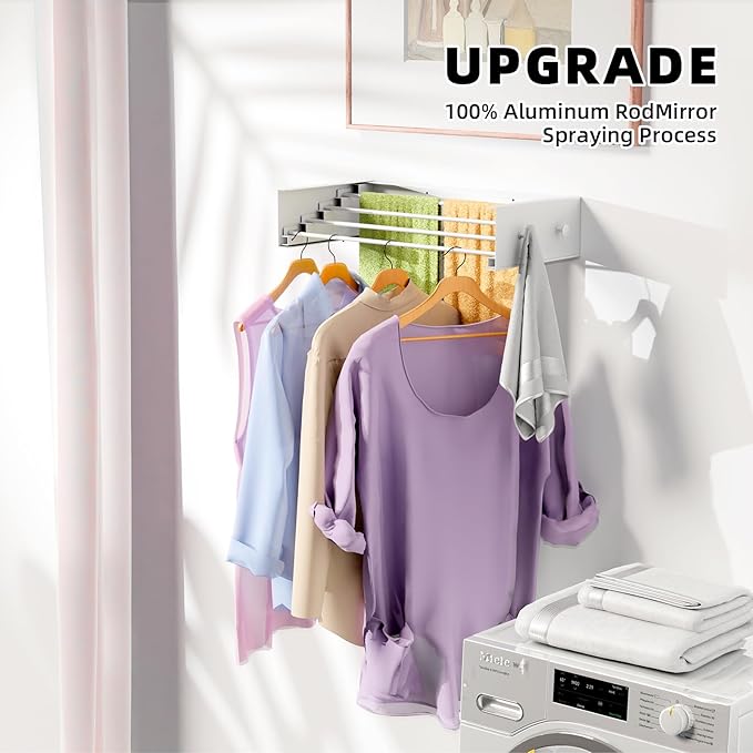 Upgrade Small Wall Mounted Drying Rack with 4 Hooks, 23.6" Compact Foldable Laundry Rack for Apartment, Space Saving Collapsible Design, Includes Template for Small Bathroom & Balcony (White)
