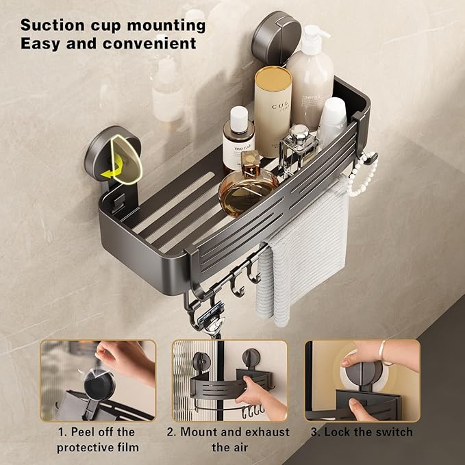 VOLPONE Corner Shower Caddy Suction Cup Shower Shelf Corner No Drilling Bathroom Shower Organizer Storage Rack Adhesive with Towel Bar Hooks(2-Pack, Gray)