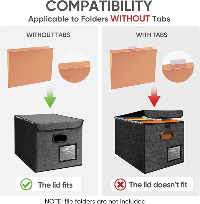 BALEINE File Organizer Box with Lid, Collapsible File Folder Organizer with Plastic Slide, Hanging File Folder Box for Office Document Storage (4 Pack, Black)
