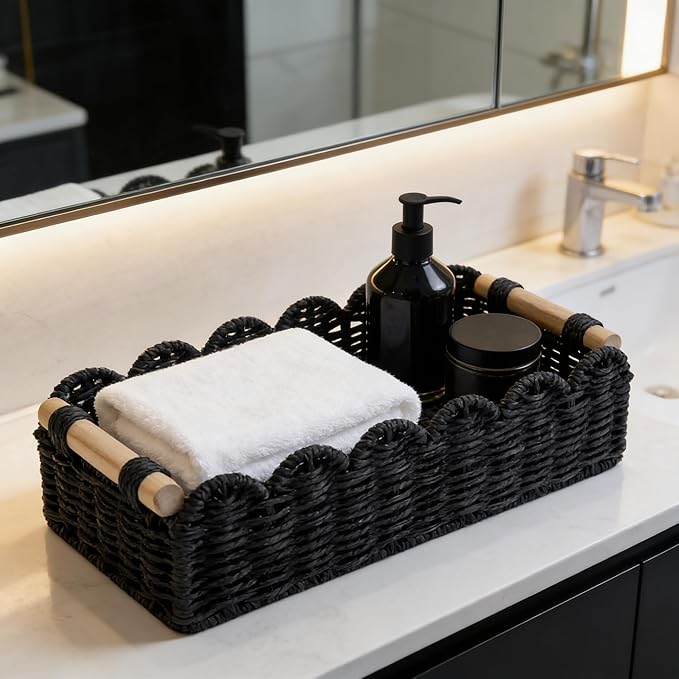 Black Paper Rope Scalloped Basket with Wooden Handles, Modern Bathroom Counter Organizer Basket for Vanity, Toilet Tank Top, Shelves & Coffee Table – 14" x 6.3" x 3.9"