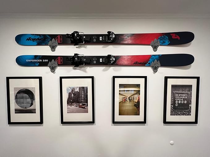 Snow Ski Wall Mounts with Gear Hooks (Black) – Heavy-Duty Ski Rack for Wall Display & Storage – Space-Saving Organizer & Winter Sports Wall Art