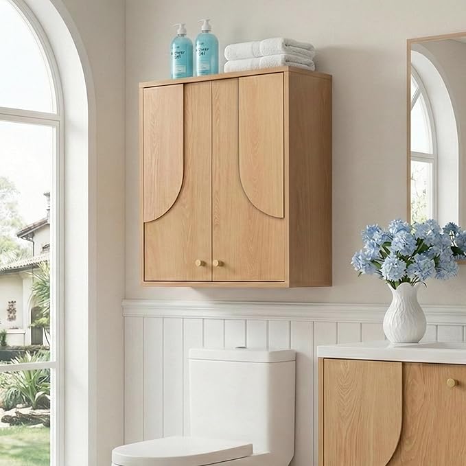 Arched Wood Medicine Cabinet with Soft Close - Premium 25 Lbs Japandi Wall Cabinet - French Cleat Over The Toilet Organizer for Bathroom, Coffee Bar & Entryway