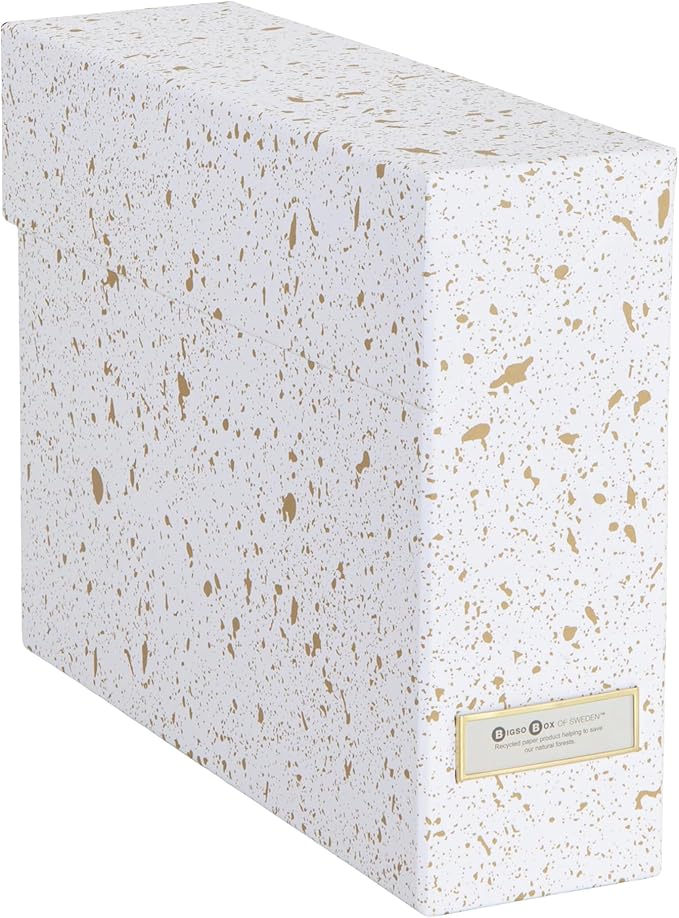 Bigso Lovisa Fiberboard Label Frame 12 File Storage Box - Paperwork Storage Box with Metal Label Holder - Durable Document Organizer with Flip Top Lid - 3.7in x 13in x 9.4 in - Splash Gold