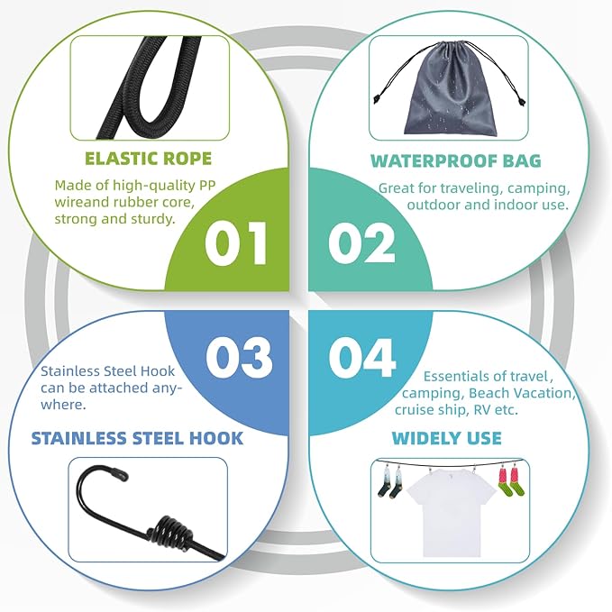 Travel Clothesline with Non-Slip Hook Clips (12pcs 304 Stainless Steel) Portable Clothes line for Cruise Ship/Beach Vacation/Camping Essentials (Patent Pending)