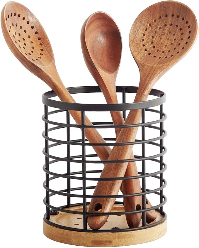 Utensil holder for Kitchen Counter - 5.2" x 5.2" x 6" Large Round with Wooden Base Matte Black Cooking Utensil Holder Utensil Organizer (Metal+Bamboo)