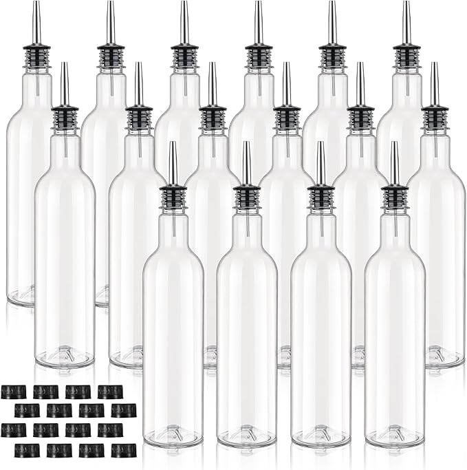 16 Pack 25 oz Syrup Bottle Plastic Long Neck Bottle with Stainless Steel Leakproof Tapered Spout Pourer and Cap Alcohol Juice Coffee Container for Home Bar Service Bartending Supplies