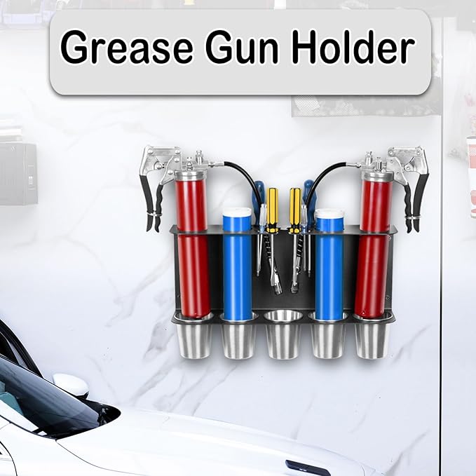 Grease Gun Holder, Wall Mount Storage Rack Compatible with 2 Grease Guns Organizer with 5 Removable Drip Cups for Garage and Shop Workshop Storage Black