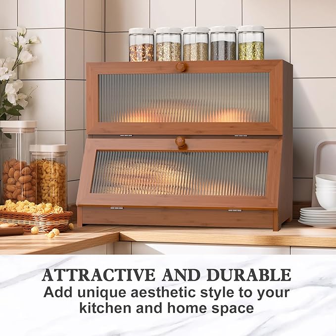 Bamboo Bread Box for Kitchen Countertop, Double Layer Large Bread Storage Container for Homemade Bread with Window & Lid, Bread Keeper Holder,Brown