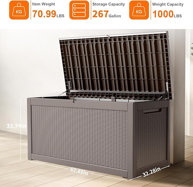 267 Gallon Deck Box Large Outdoor Storage Box Waterproof for Patio Furniture,Outdoor Cushions,Garden Tools and Pool Supplies,Weatherproof(Grey,267Gallon)