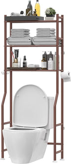 3-Tier Over The Toilet Storage, Freestanding Metal Bathroom Shelves with 4 Hooks, Over Toilet Storage Shelf with Paper Holder, Above The Toilet Shelf for Bathroom Storage, Bronze