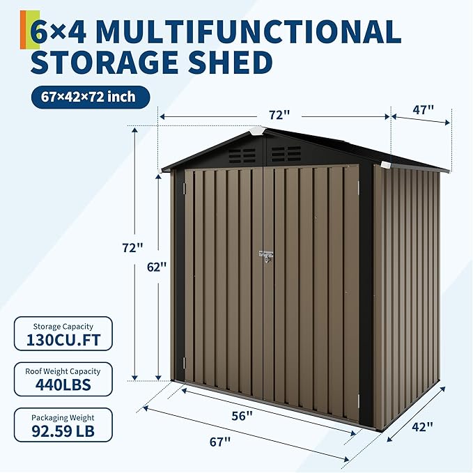 6X4 FT Outdoor Storage Shed, Galvanized Steel Outdoor Storage Shed, 130 Cu Ft Weather Resistant Garden Tool Sheds with Door & Sloped Roof, Multi-Use Shed for Bikes, Ladders