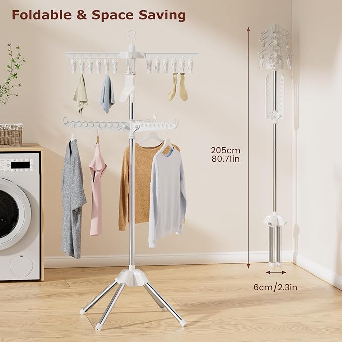 Abiglifty Rotatable and Foldable Clothes Drying Rack, Space Saving Free Standing Laundry Drying Rack for Indoor, Balcony, 2 Layer