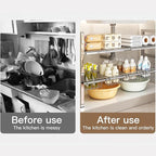 Large Under Sink Organizer 2 Tier Expandable Heavy Stainless Steel Shelf Adjustable Height for Under Kitchen Bathroom Sink Organizers and Storage (Large Size: 4 Panels 4 Storage Baskets)
