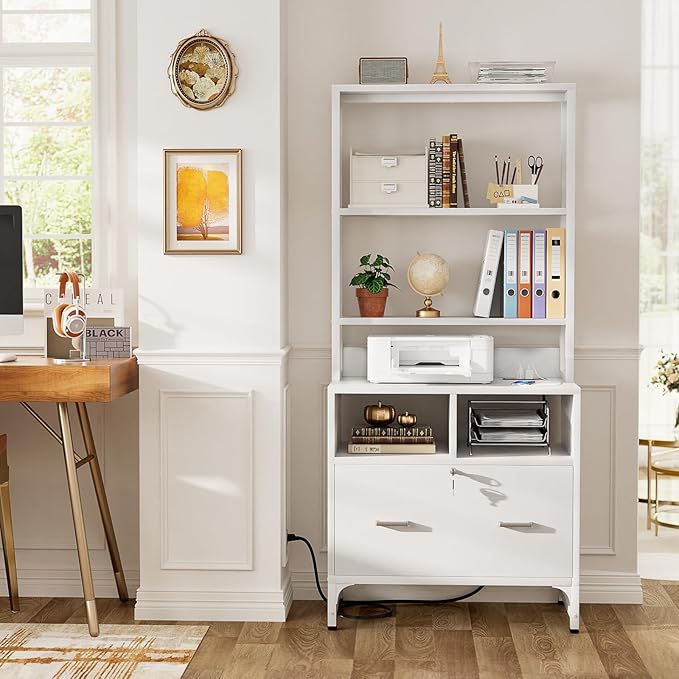 Homieasy Vertical File Cabinet with Charging Station, Lock & Large Drawer, Printer Stand with Storage Shelves, Office Storage Cabinet fits Letter/A4/Legal Size, White
