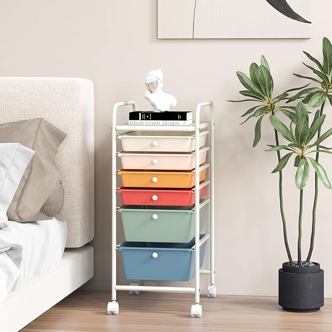 GOFLAME 6-Drawer Rolling Storage Cart, Multifunctional Art Craft Organizer Cart, Mobile Utility Storage Cart with Removable Drawers & Lockable Wheels, Craft Cart for Home Office, Macaron Color