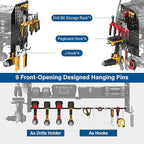 JUNNUJ Large Power Tool Organizer Wall Mount with Charging Station. Garage 8 Drill Holder Tools Battery Storage Shelf, Heavy Duty Utility Storage Rack Built in 8 Outlet 3 USB 6 FT Power Strip