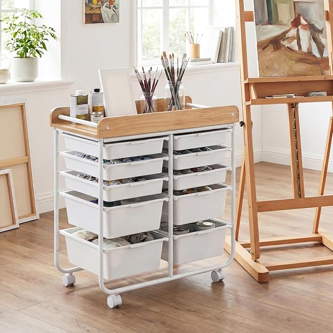 GOFLAME 10-Drawer Rolling Storage Cart, Craft Storage Cart with Wooden Tabletop, Lockable Wheels and Handles, Art Cart Supply Storage Organizer with Metal Frame for Home Office Classroom, White