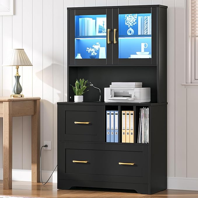 HOOBRO 2 Drawer File Cabinet with Charging Station, LED Lights, and Bookshelf, Farmhouse Filing Cabinet with File Holder Organizer, Fits Letter, Legal, A4 Size, Vertical, for Home Office, Black